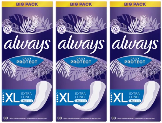 3 x Always Dailies Panty Liners Long Plus Fresh Protect Odour Neutralise 38 Pack