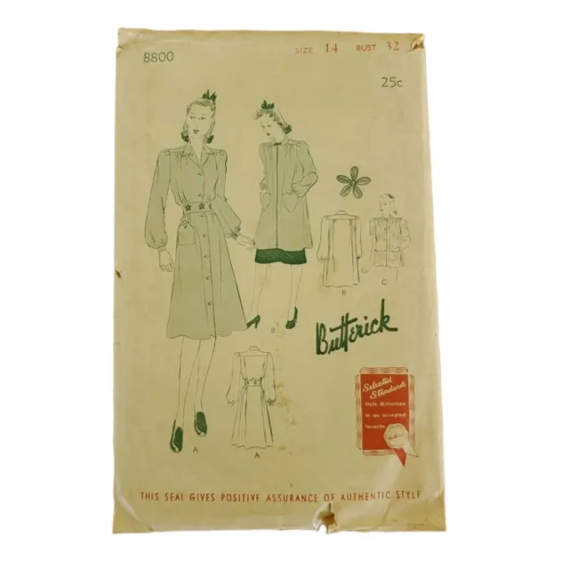 Vintage 1920s Butterick 8800 sewing pattern women's smock, size 14, 32 bust