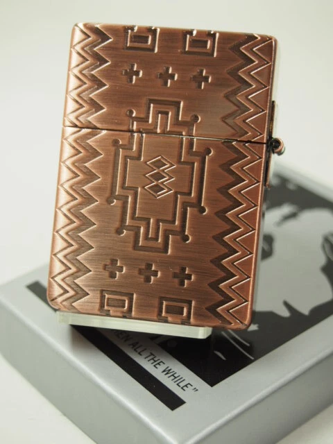 Zippo Oil Lighter Indian Native Copper Etching 1935 Replica Brass Japan 3