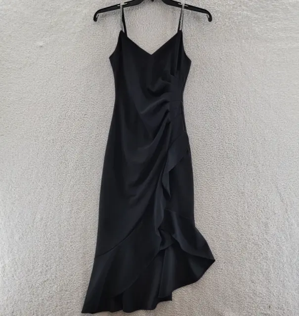 XSCAPE Midi Asymmetrical Dress Women's 2 Black Rhinestone Spaghetti Scuba Crepe*