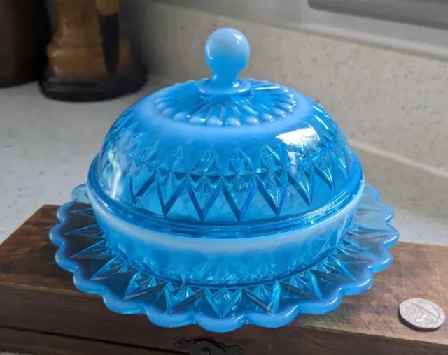 Antique Davidson Blue Pearline Pressed Glass Muffin / Bon Bon  / Butter Dish