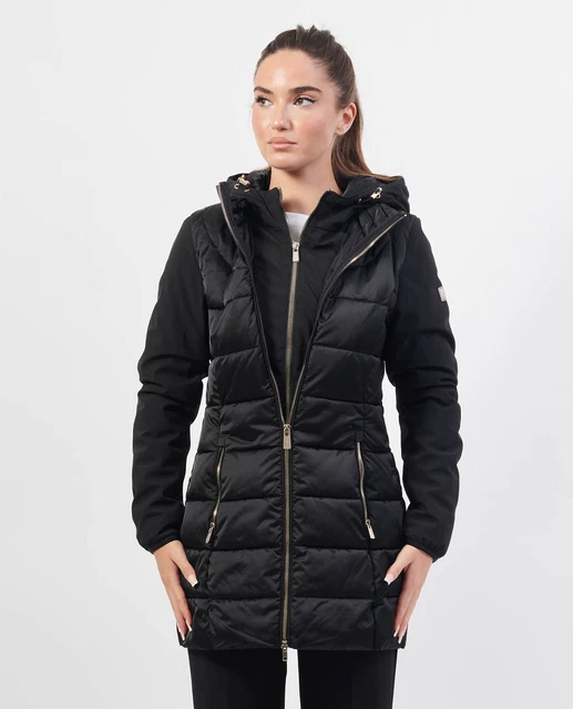 Giacca Trapuntata Lunga Per Donna Yes Zee - Con Cappuccio, Impermeabile, Nera, Codice O003-M800-0801, Perfetta Per L'inverno