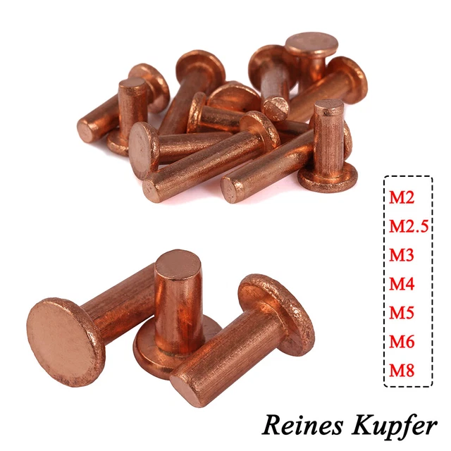 Reines Kupfer Flachkopf Vollnieten M2 M2,5 M3 M4 M5 M6 M8 Metrisch 3mm-50mm lang