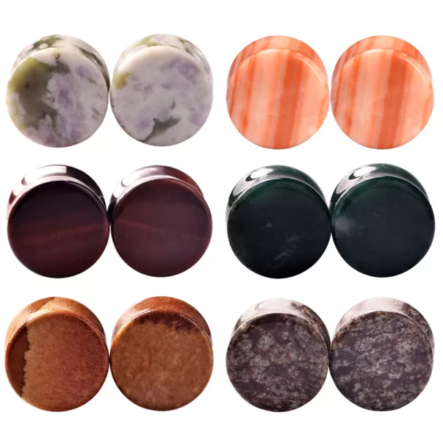1 Pair Ear Gauge Plug Tunnel Multi Organic Stone Double Flare Expander 2g-5/8''