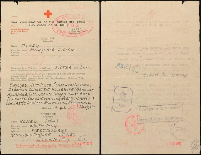 8550) Rotkreuz-Nachrichten Brief 11.8.42 England nach Guernsey Antwort 12.12.42