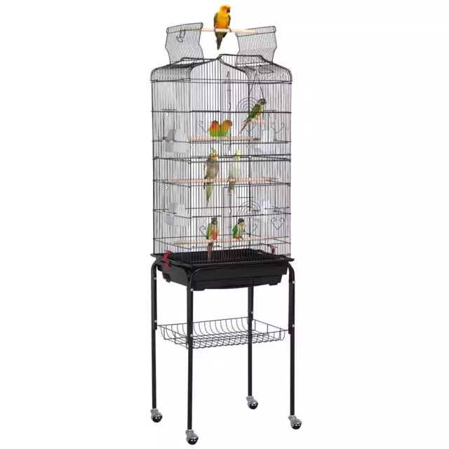 Easyfashion 64  H Rolling Metal Birdcage with Slide  Out  Tray  Open  Top  Black