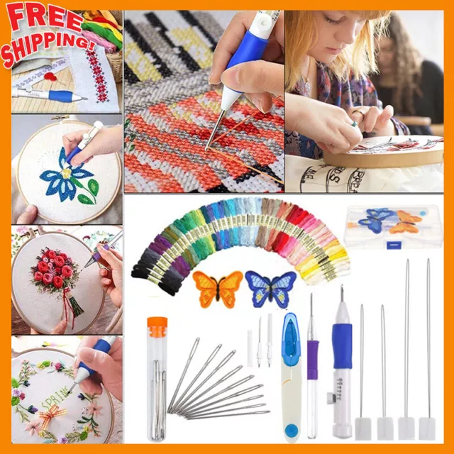 Magic DIY Embroidery Pen Knitting Sewing Tool Kit Punch Needle Set + 50 Thread