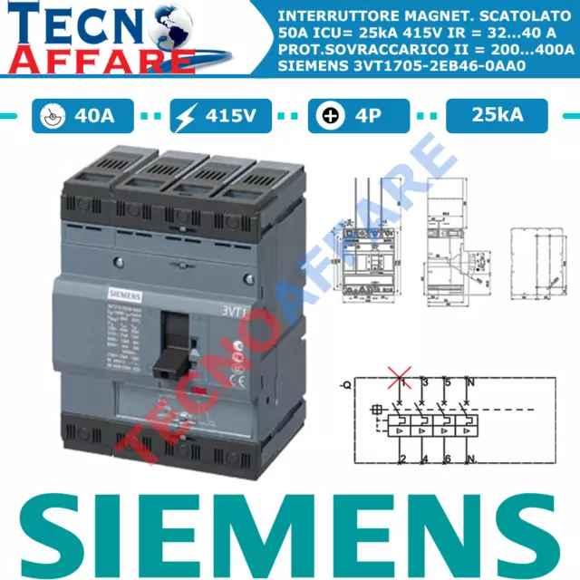 Interruttore Magnetotermico Scatolato 40A 25kA 415V 4P Siemens 3VT1704-2EC46-0AA