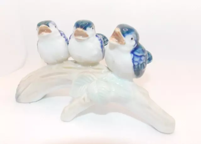 Three Ceramic Birds on a Branch OTAGIRI Figurine Porcelain Figure Tan Blue White