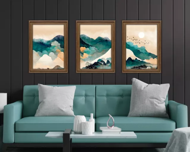 Green Turquoise, Teal & gold Abstract Print Set, Landscape Modern Wall Art WA106 3