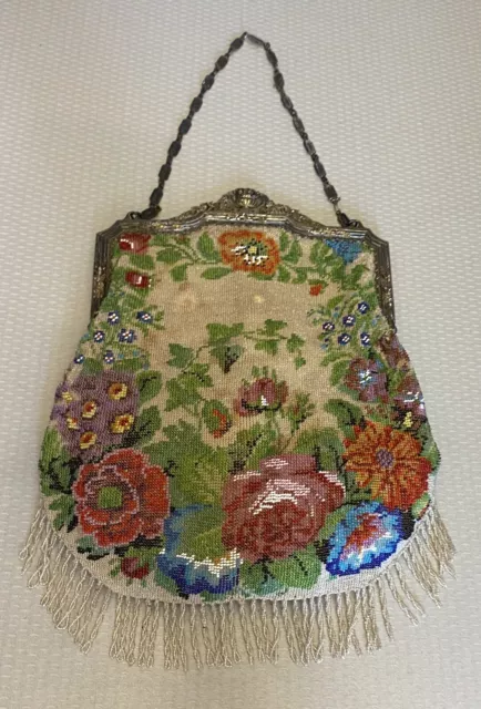 Antique Micro Beaded Purse Multicolor Roses Floral Ornate Sterling Silver Frame