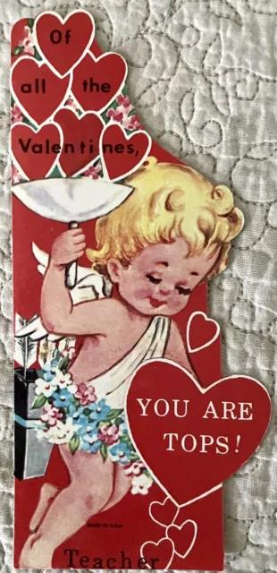 Unused Valentine Angel Girl Top Teacher Tall Skinny Vintage Greeting Card 1960s