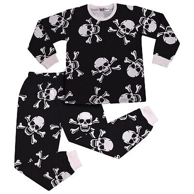 Kids Girls Boy Black Skull n Bones Pyjamas PJs 2 Piece Cotton Set Nightwear