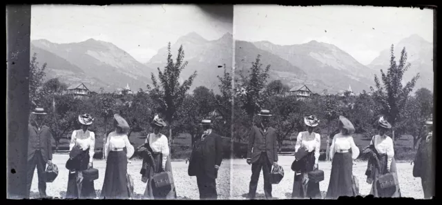 Famille Femmes Mode c1900 Photo NEGATIVE Stereo Plaque de verre Vintage V36L22n 