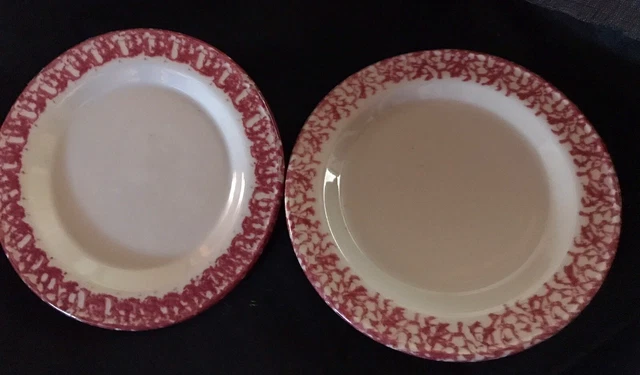 2-Workshops of Gerald E. Henn Red Roseville Spongeware 10” Dinner  Plates