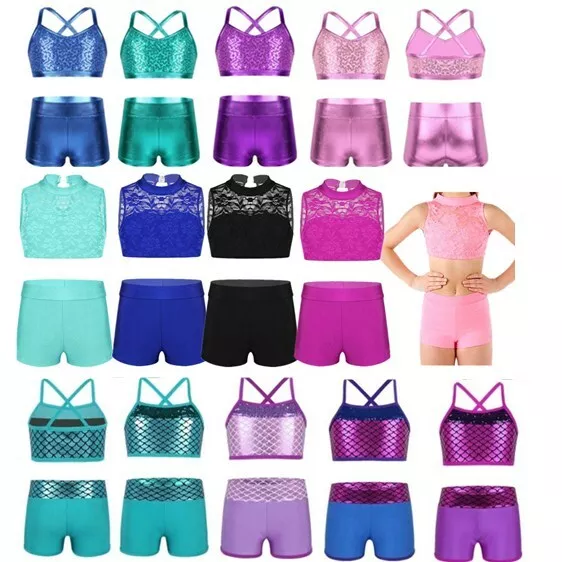 Girls Yoga Dance Outfit Kid Crop Top+Shorts Leotard Sport Gymnastics Workout Set