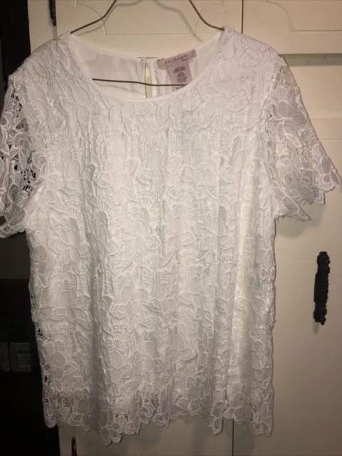 NWT Philosophy White Crochet Lace Overlay Blouse Women's Lined Top -L