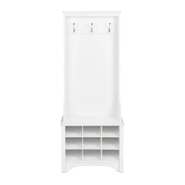 Prepac Hall Tree 27"W x 68"H Composite White w/ 9-Shoe Cubbies + 3-Double Hooks