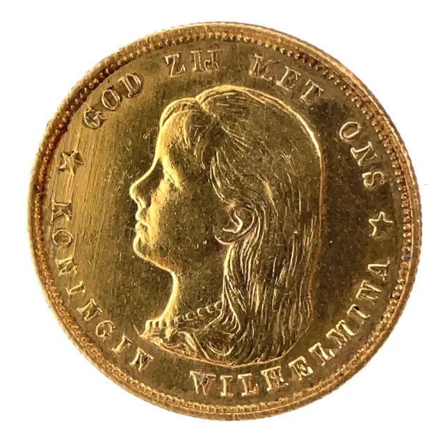 1897 NETHERLANDS Kingdom w Queen WILHELMINA Vintage Rare Gold 10 Gulden Coin.