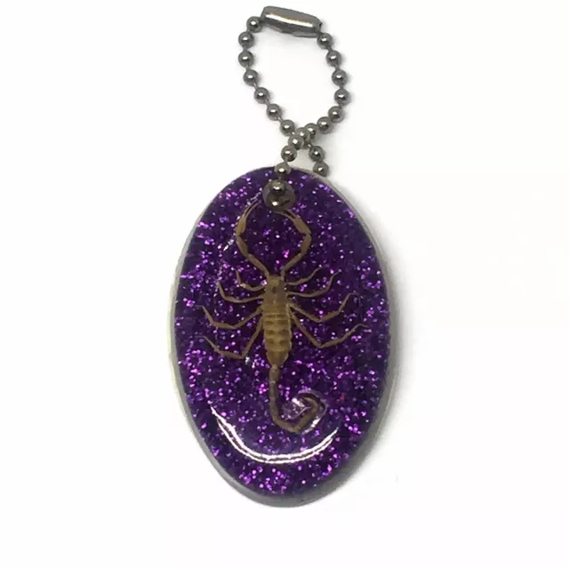Vintage Scorpion Oval Keychain with Purple Glitter New Old Stock USA