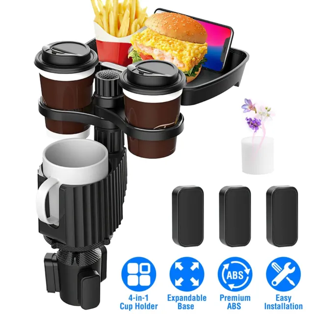 4 in 1 Car Cup Holder Expander Swivel Food Tray Detachable w/3 Cup Drink Holder