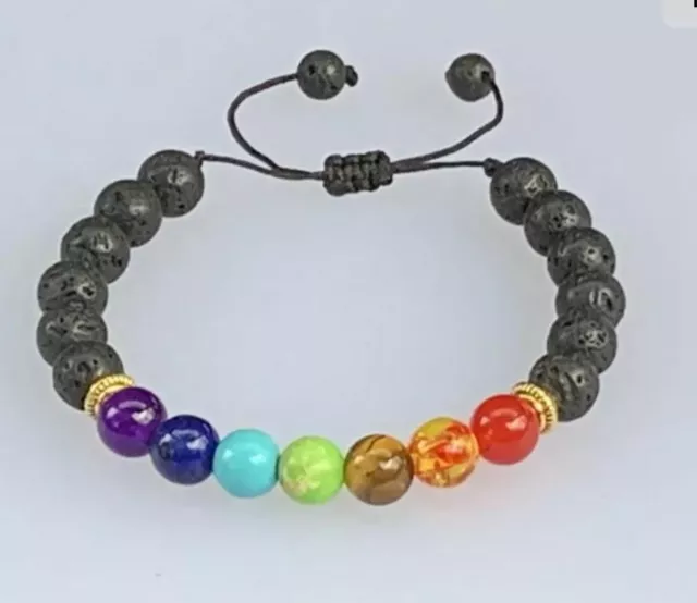 Natural 7 Chakra Energy Healing Reiki Lava & Gem 8Mm Stones Adjustable Bracelet