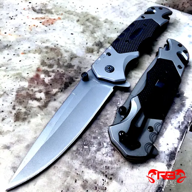 8.5" Black STEEL HANDLE FOLDING OPEN BLADE HANDLE Spring Assisted Pocket Knife