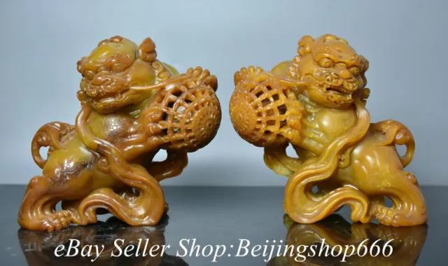5.6" Chinese Natural Tianhuang Shoushan Stone Hand Carved Lion Statue Pair