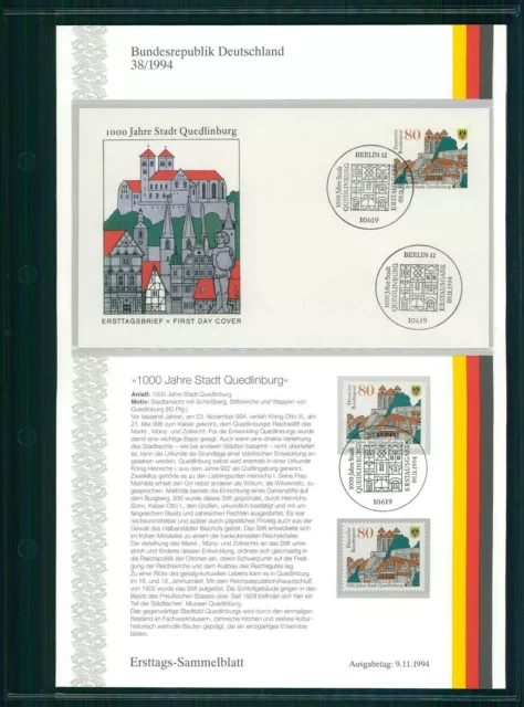 Brd Etsb 1994/38 Ersttags-Sammelblatt 1000 Jahre Stadt Quedlinburg