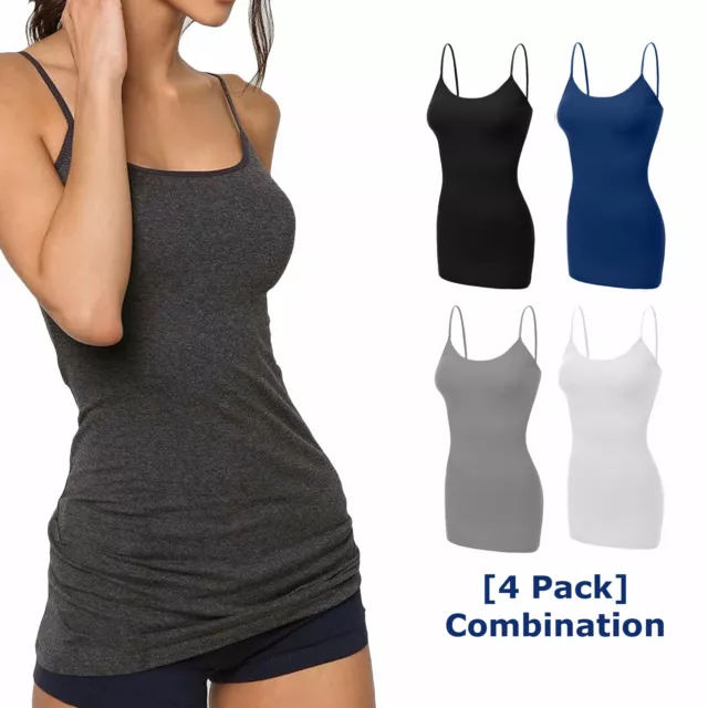 [4 pack] Women Long Camisole Tank Tops Cotton Basic Cami Tops W/ Straps S ~ 3XL