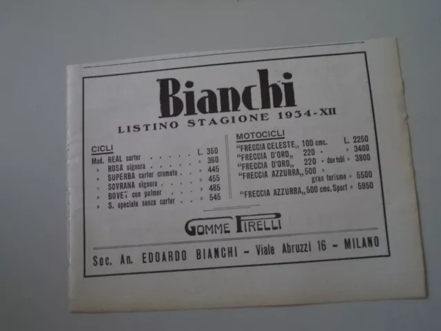 advertising Pubblicità 1934 BIANCHI FRECCIA CELESTE 100/D'ORO 220/AZZURRA 500