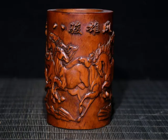 Chinese Antique Vintage Wood Hand Carved Boxwood Fine Horse Brush Pot Art 5028