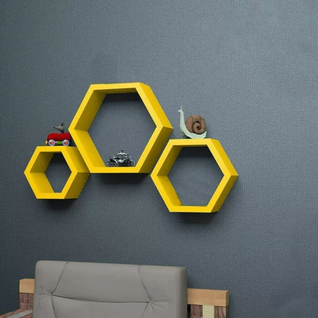 Wooden Hexagon Shelves Rustic Floating Honeycomb Display Shelves Set of 3