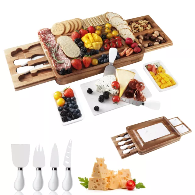 Large Acacia Charcuterie Board Set w/ Slide-Out Drawers Perfect Serving Gift Set
