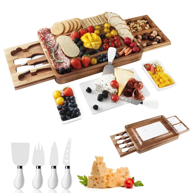 Large Acacia Charcuterie Board Set w/ Slide-Out Drawers Perfect Serving Gift Set