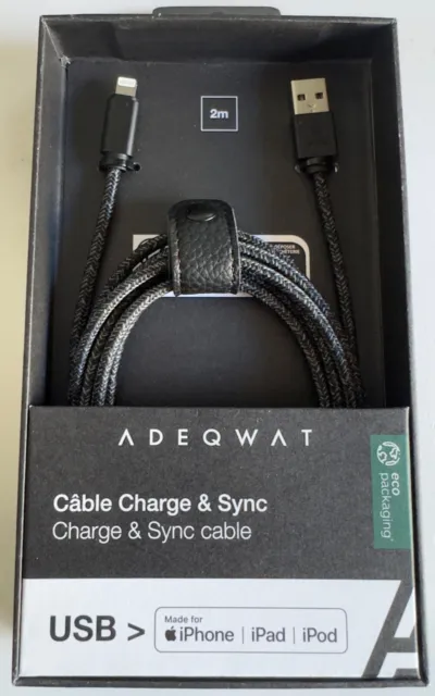 Câble Lightning ADEQWAT vers USB 2m gris certifié Apple