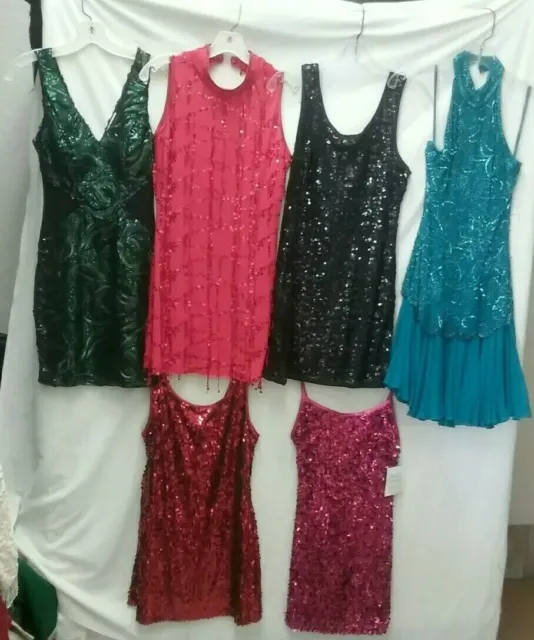 Lot of 6 Sequin Jazz Dance Dress's Adult Red S Grn. Xs,Blk M Pink S Teal S RedCL