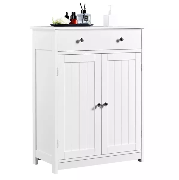 GIANTEX Aradietto Bagno Da Terra, Obiletto A 3 Ripiani Con Anta, Cassetto, Anico, Spazio - 2