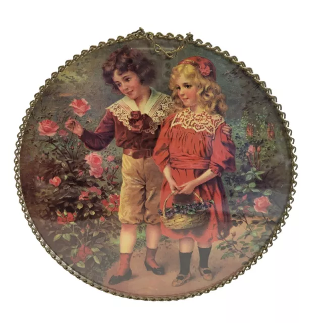 Vintage Victorian Style Flu Cover Boy & Girl in Garden Chain Border Wall Decor