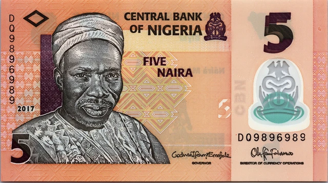 Nigeria 5 Naira 2017, RADAR 7 Digit, 989 6 989 UNC, P-38, Polymer