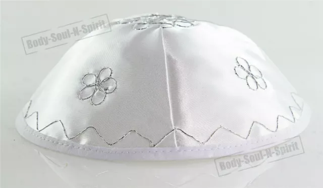 Silver Flowers Satin Kippah Yarmulke Jewish Yamaka Kippa Israel Head Cover