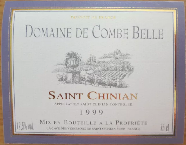 etiquettes vins FRANCE DOM COMBE BELLE Saint Chinian 1999 wine labels