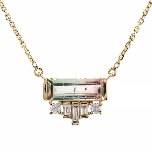 Solid 18K Gold Baguette & Round Diamond Watermelon Tourmaline Pendant Necklace