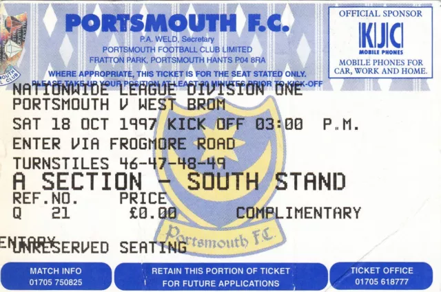 Ticket - Portsmouth v West Bromwich Albion 18.10.97