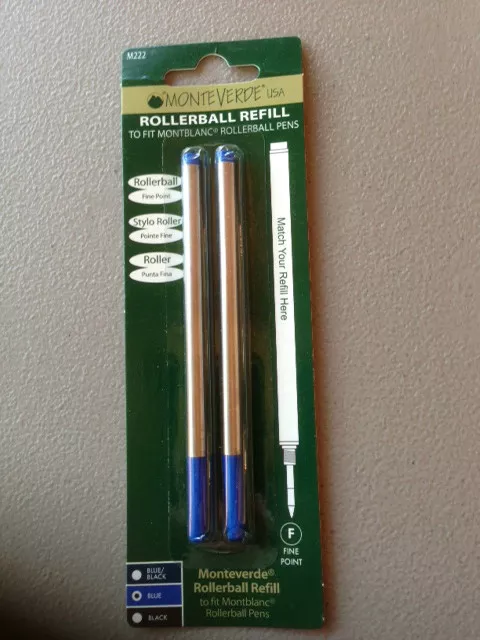 MONTBLANC BY MONTEVERDE ROLLERBALL MEDIUM Point Refill BLUE 2 Pack NEW 88516