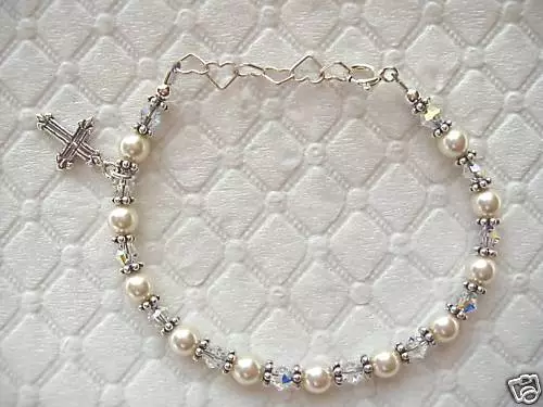 CHILDRENS FIRST COMMUNION JEWELRY BEADED BRACELET made with SWAROVSKI CRYSTALS