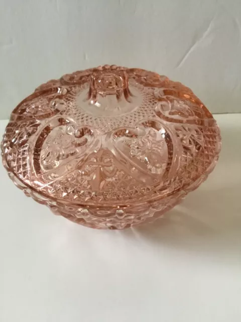 Vintage Pink Depression Glass Candy Trinket Dish with Lid Hearts & Roses 5.25”w