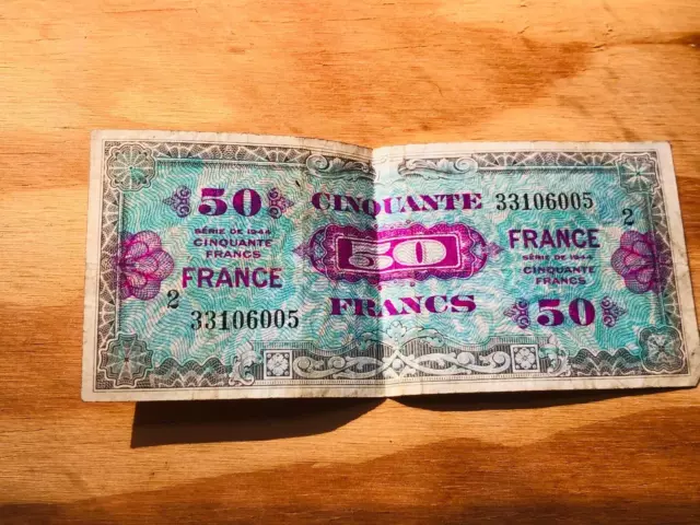 A FRENCH BANKNOTE 1944 WWII France Allied Military 50 Francs Circulated Cinquant