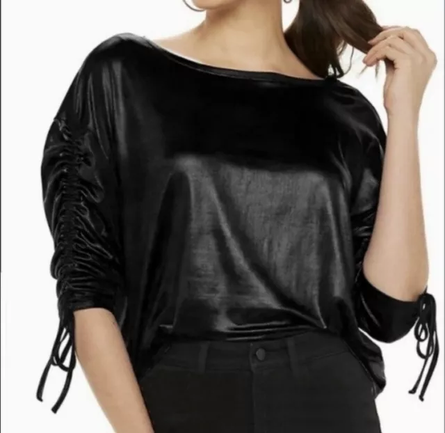 Jennifer Lopez Ruched 3/4 Sleeve Wedge Top Women's Size XL Shiny Black Blouse