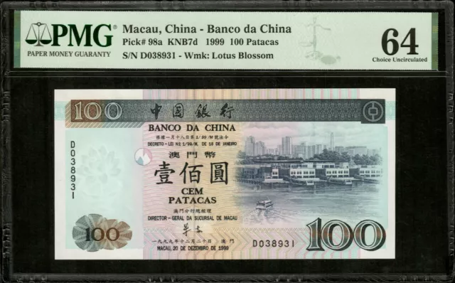 MACAO - MACAU - 100 Patacas 1999 P.98a NEUF / PMG Choice Unc 64